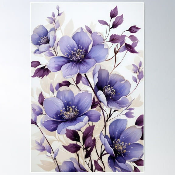 Purple And Violet Botanical Blooms: Floral Illustration Poster Wall Art, Modern Wall Decor For Living Room Bedroom, 8x12 UNFRAMED