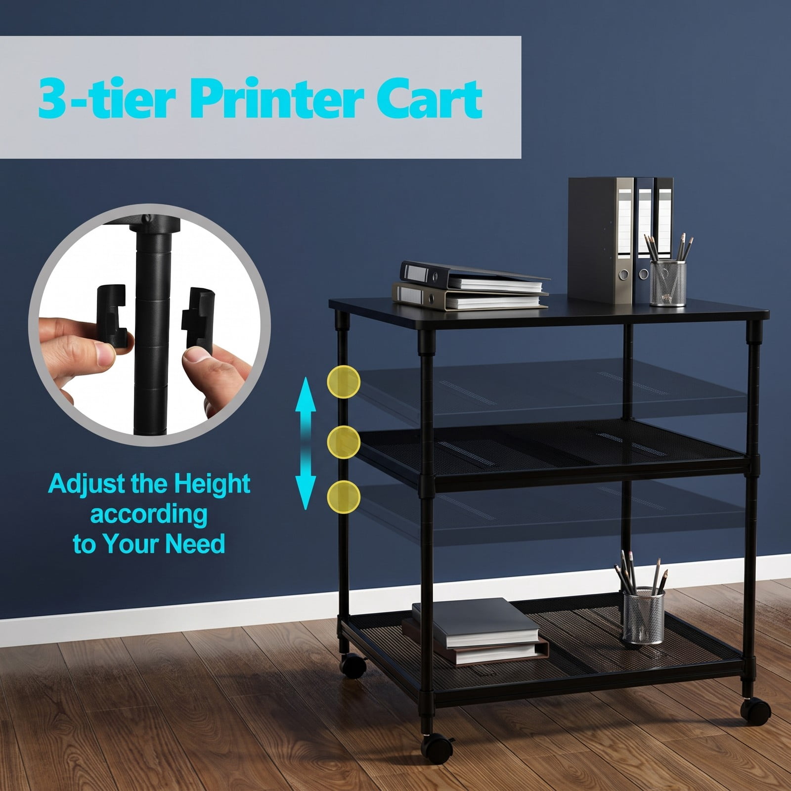 Furnibear 3 Tier Rolling Printer Stand Fax Cart with Adjustable Shelf, Swivel Locking Wheels, Wood Iron Mobile Storage Organizer for Home Office - Black
