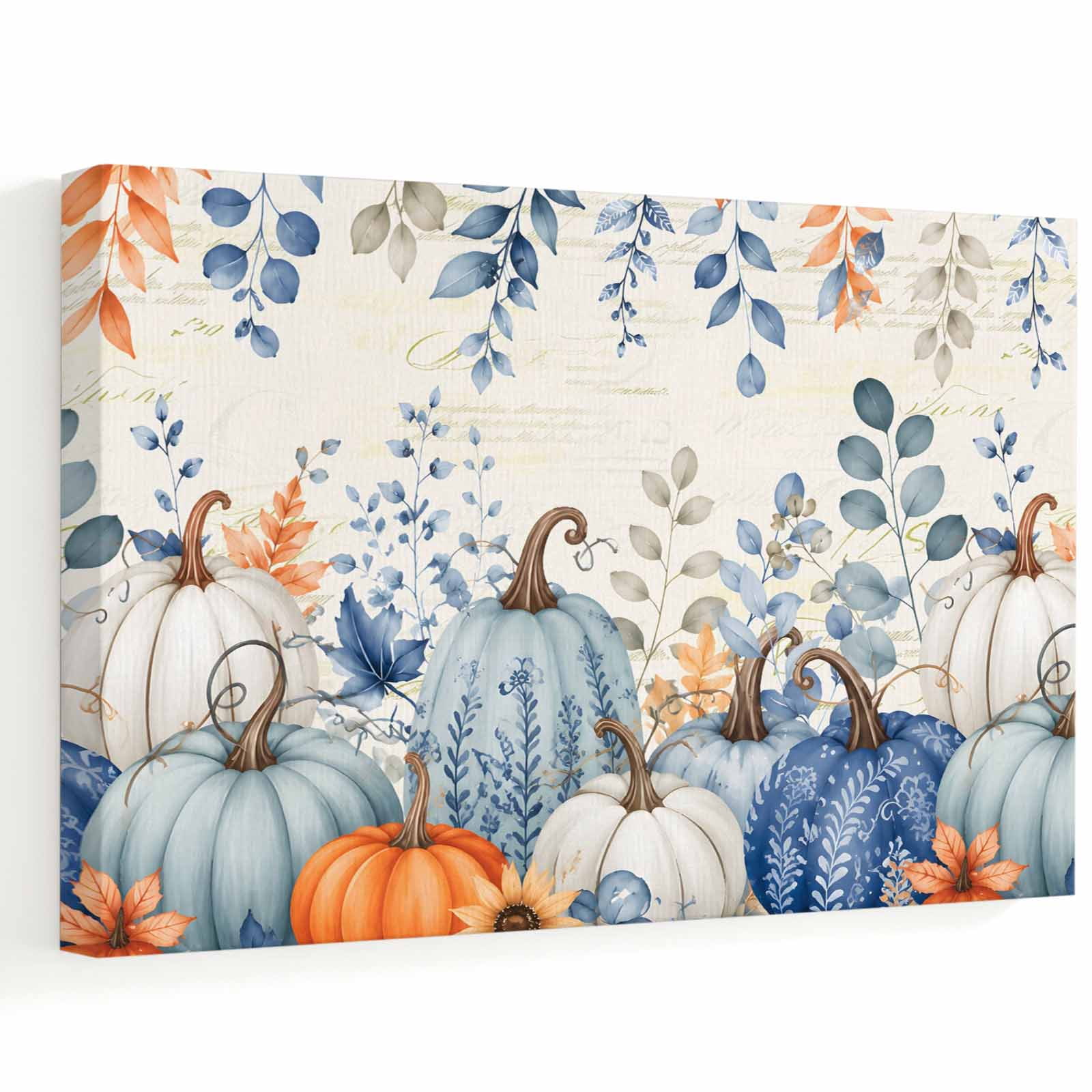 Thanksgiving Canvas Wall Art Fall Blue Ivory Pumpkins Leaf Floral Beige Backdop Wall Art Prints Artwork Framed Canvas Ready to Hang Art Pictures for Bedroom Living Room Closet Kitchen 16 x 12