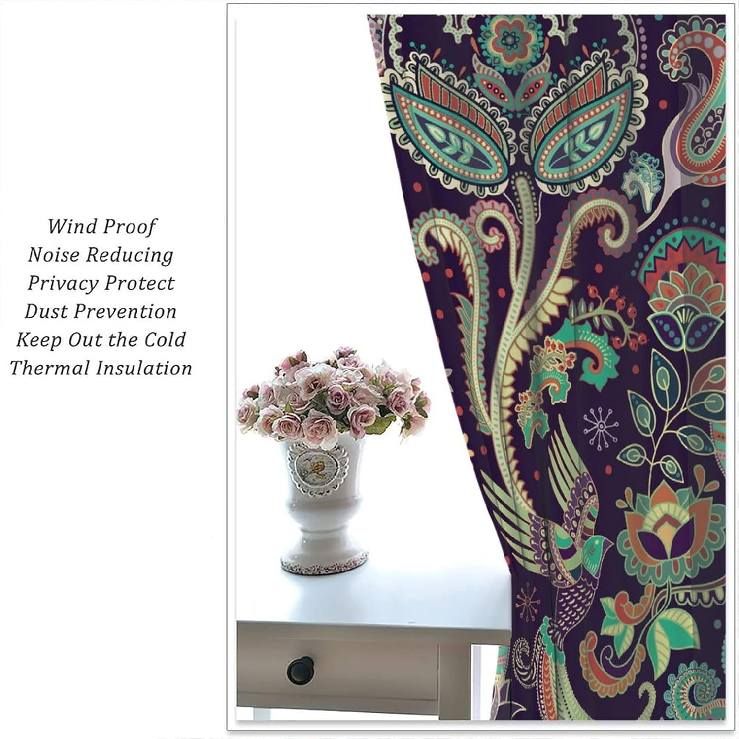 Boho Curtains, Traditional Geometric Ethnic Style Beautiful Floral Pattern, Blackout Curtains Living Room Bedroom Dim Room, 2 Panel Set, 42X84x2 in.