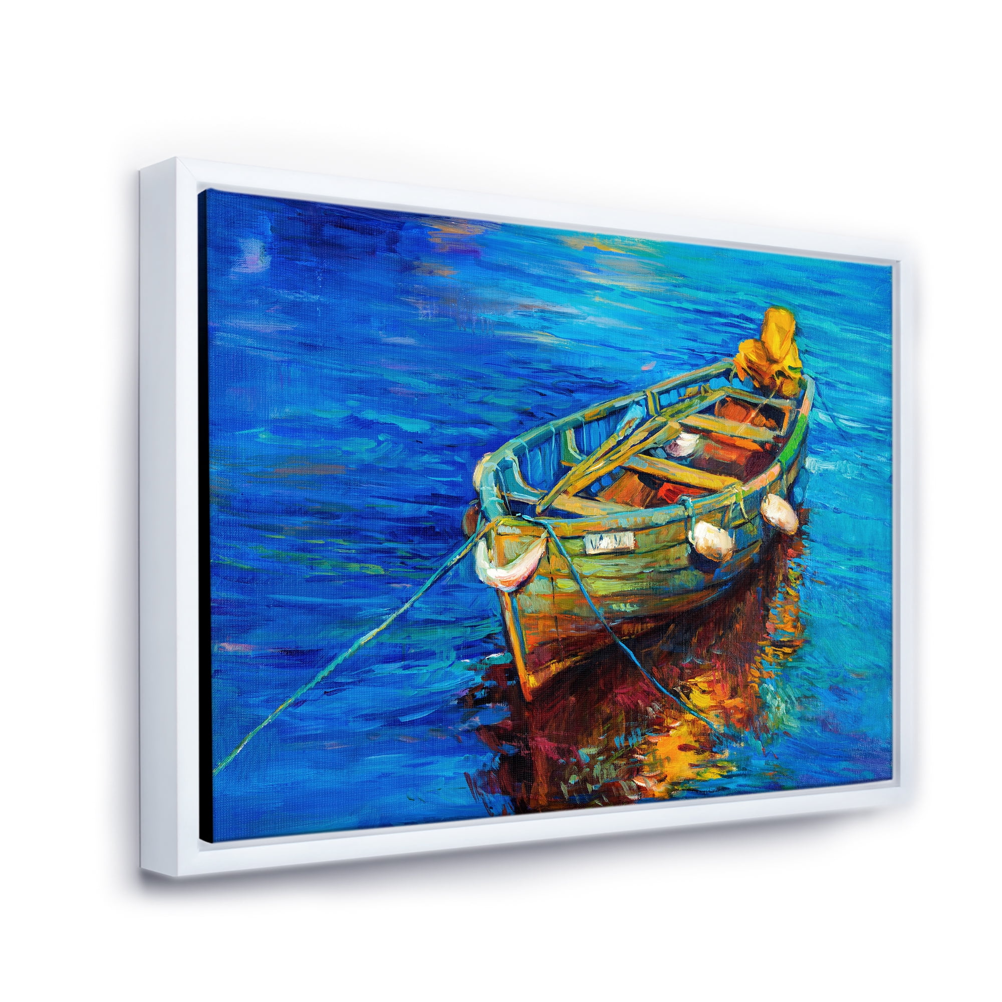 Designart 'Boats During Warm Sunset Resting On The Water IV' Nautical & Coastal Framed Canvas Wall Art Print