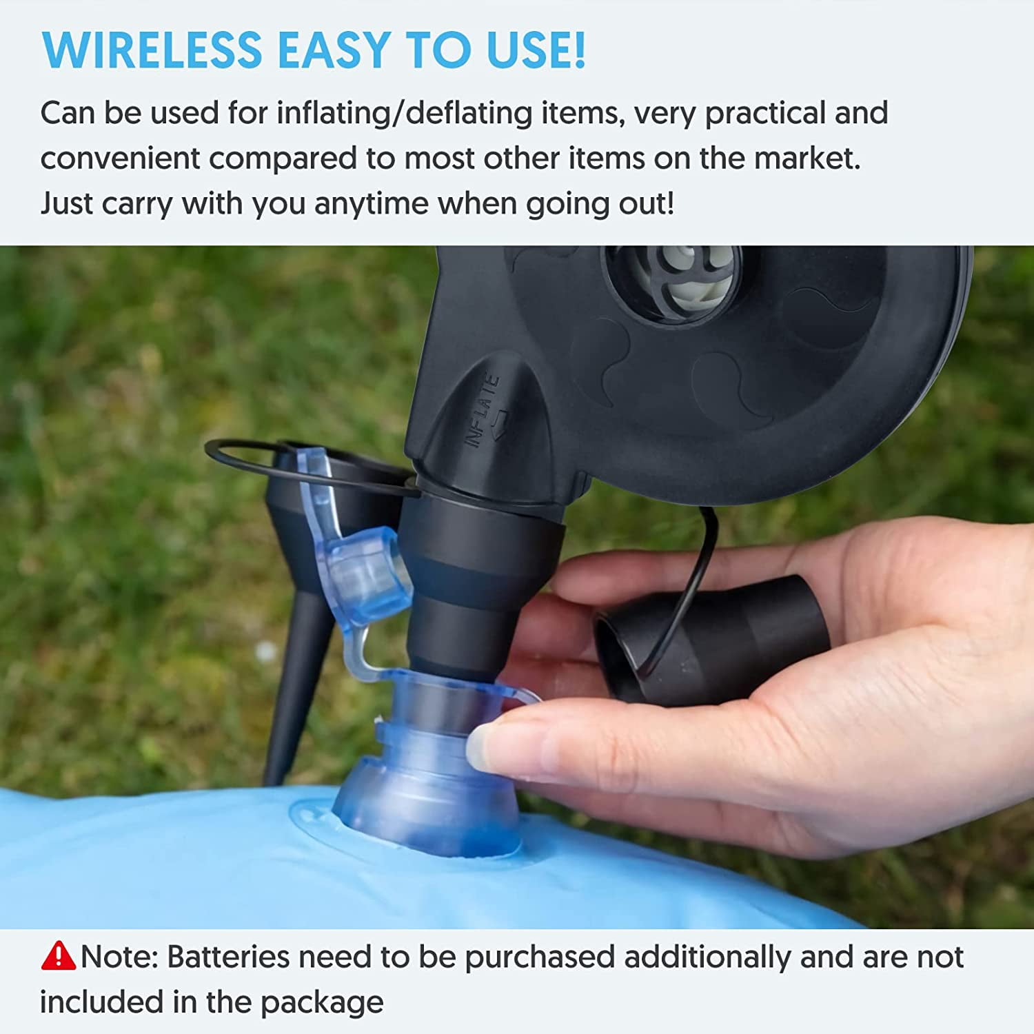 NIGHTEEN Electric Air Mattress Pump Battery Powered for Inflatables Toy Quick-Fill Inflator Deflator with 3 Nozzles