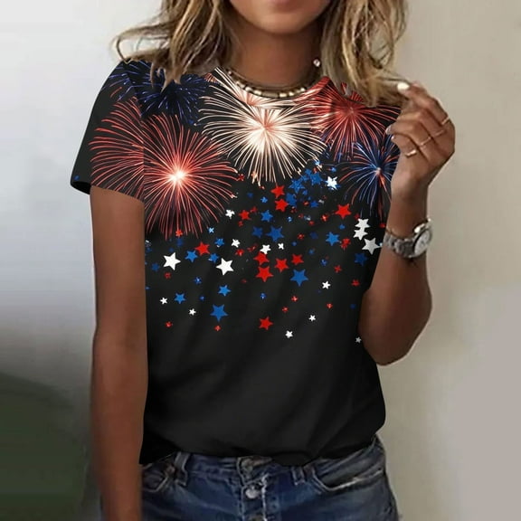 QUNYINEY Short Sleeve Shirts for Women Independence Day Casual Crew Neck Tops Loose Summer Pullover Women's Tops