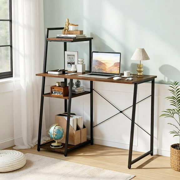 Resenkos Compact Computer Desk Workstation with 4 Tier Shelves for Home and Office-Brown, Home Office Desks, Gaming Computer Desks for Study,Working,Writing