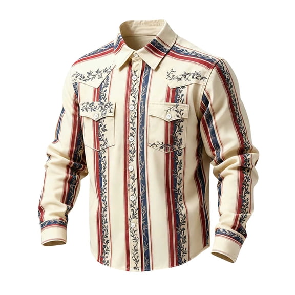 LEKWK Mens Vintage Striped Shirt Western Cowboy Style Long Sleeve Button Down Top Retro Ranch Rodeo Casual Slim Fit Daily Tee