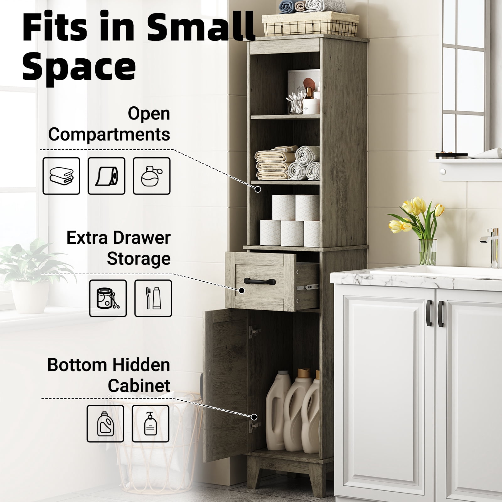 Tall Bathroom Storage Cabinet with Barn Door and Drawer, Narrow Freestanding Linen Cabinet for Bathroom, Gray