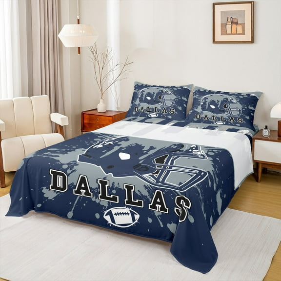 Manfei American Football Twin Sheet Sets 3pcs for Kids Teens, Rugby Helmet Twin Fitted Sheet, Navy Gray Graffiti Splash Flat Sheet, Super Cozy Room Decor