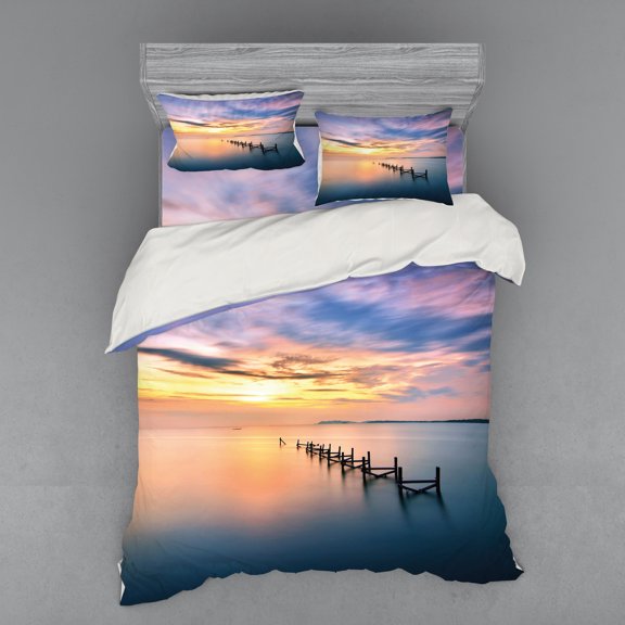 Ambesonne Nature Bedding Set 4 Pcs, Sunset Abandoned Jetty, Queen, Marigold Petrol Blue