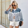 thumbnail image 4 of Women Cropped Denim Jacket Fringe Oversized Long Sleeve Womens Jean Shacket Coat with Tassel Fall Outwear Blue XL, 4 of 9