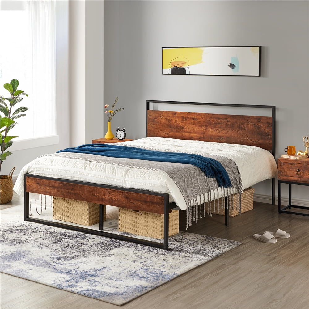 Wood Platform Queen Bed, Metal Rustic Bed Frame