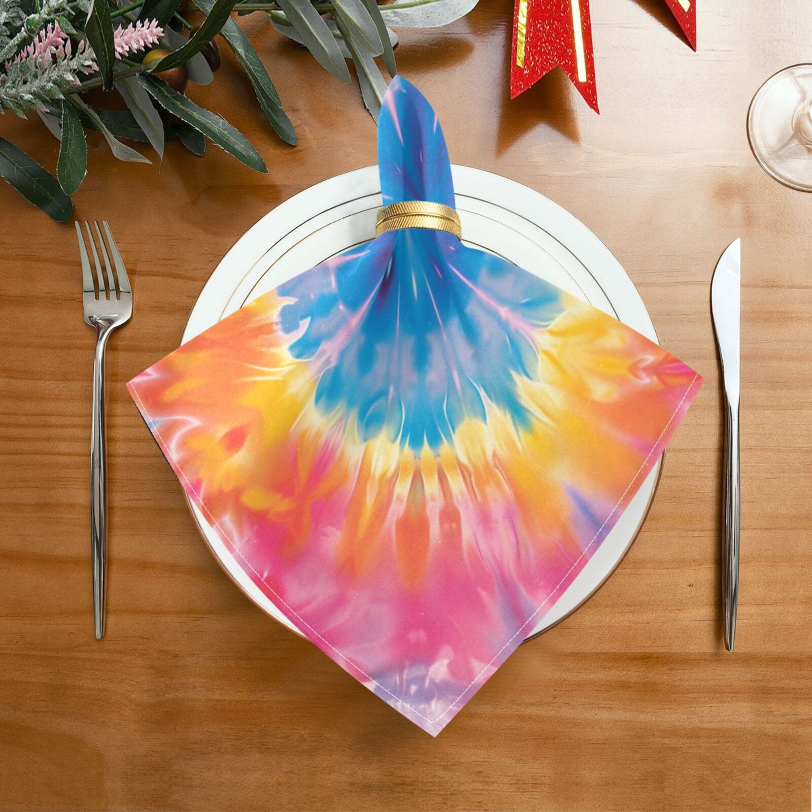 JSTEL Tie Dye Pink Yellow & Blue Cloth Napkins Set of 6, 20x20 Inch Washable and Reusable Napkin for Decoupage Dinner Party Everyday Use