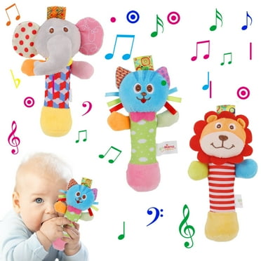 KABOER 3 Pcs Baby Soft Rattles Toys, Baby Sensory Rattle Toys, Plush Animal Rattle Toys, Infant Squeak Sound Sensory Toys for 0-6 Months Newborn