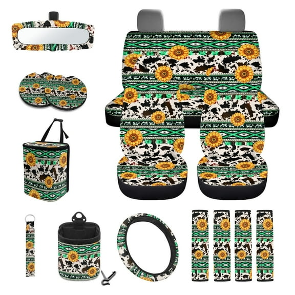 Xoenoiee American Sunflower Cow Print Car Seat Cover for Women Men, with Steering Wheel Cover Seat Belt Strap Pad Trash Bag Mount Phone Holder Rearview Mirror Accessory Cup Holder Key Chain, 15 PCS