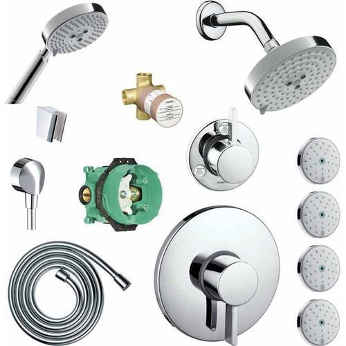 Handshower Hansgrohe KSHB27495-04233-1477PC Raindance Shower Faucet Kit with 4 Body Sprays Chrome PBV Trim with Rough and Diverter Trim with Rough