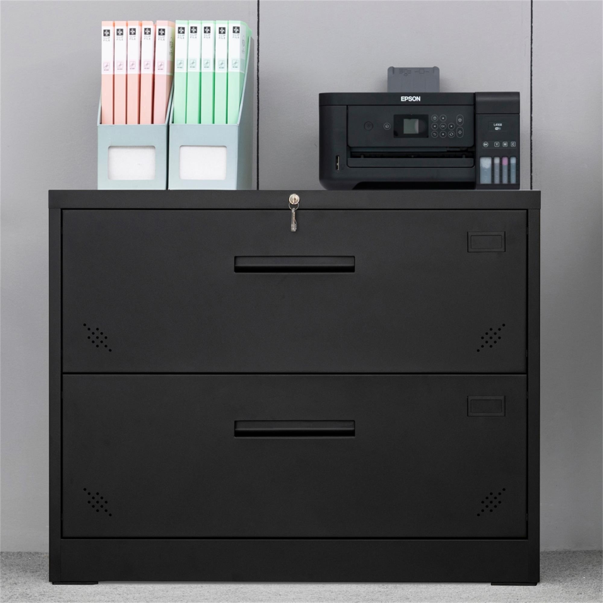 Canddidliike Black Home Desk 2 Drawer Black Filing with Lock Storage, Steel Side Opening