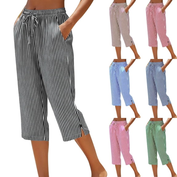 YABCSAZ Cotton Linen Capris Pants for Women Straight Wide Leg Loose Drawstring Elastic Waist Cropped Pants Casual Trouser with Pockets