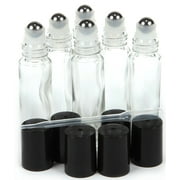 Vivaplex, 6, Clear, 10 ml Glass Roll-on Bottles with Stainless Steel Roller Balls - .5 ml Dropper included