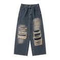 thumbnail image 6 of WTOBBY Women's Retro Ripped Loose Straight Wide Leg Denim Pants, Floor-Length Jeans for a Trendy and Relaxed Look, Comfortable Fit with Distressed Details,Blue S, 6 of 6