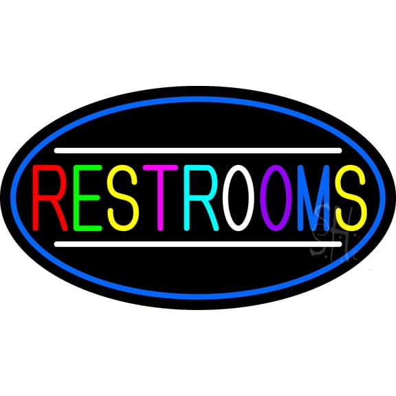 Multicolored Restrooms Oval With Blue Border LED Neon Sign 20 x 37 - inches, Clear Edge Cut Acrylic Backing, with Dimmer - Bright and Premium built indoor LED Neon Sign for Bar decor.