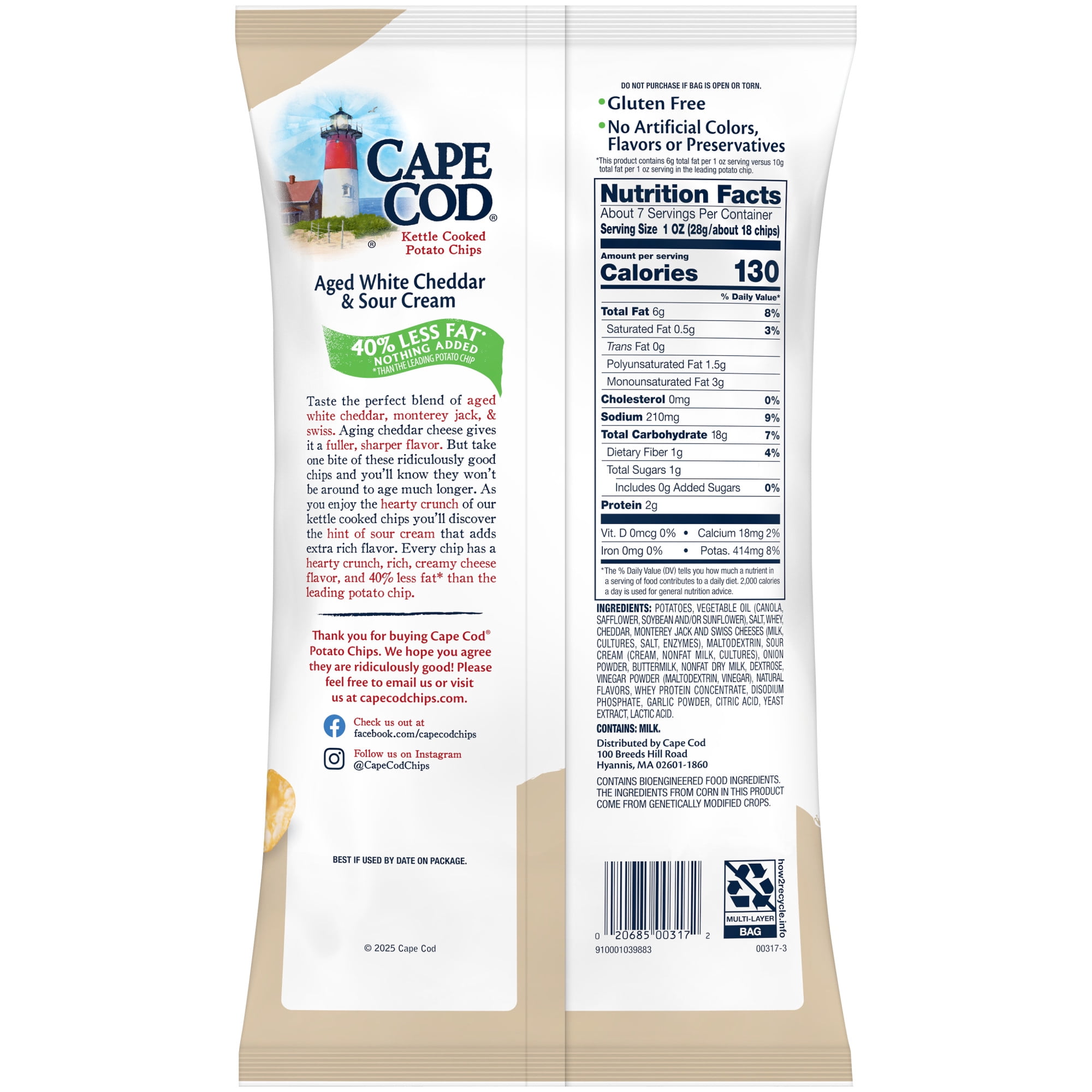 Cape Cod Less Fat White Cheddar & Sour Cream Chips, 7.5 oz Bag