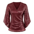 thumbnail image 2 of Rigardu shirts for women Womens Sequin Tops 3/4 Sleeve Glitter Sparkly Party Blouse V Neck Dressy Tops For Evening Party Wine + L, 2 of 5