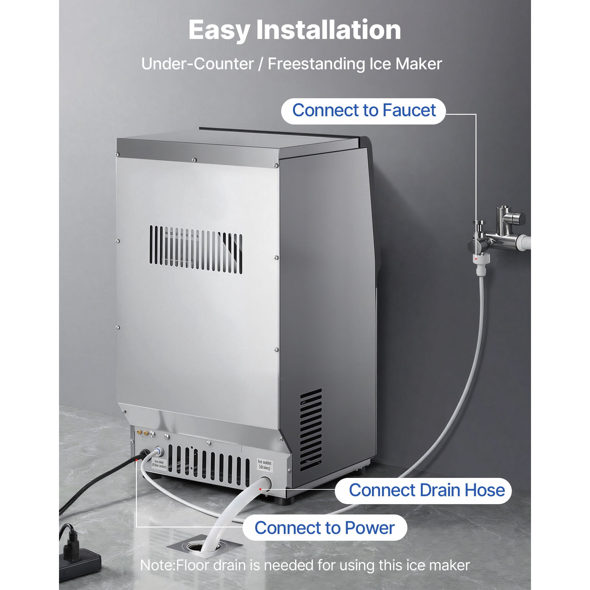 KFFKFF Commercial Ice Maker Machine, 80 lbs/24h Output with 13 lbs Storage, Countertop/Freestanding/Under Counter Design, Stainless Steel Ice Maker with LED Display & Self-Cleaning Function