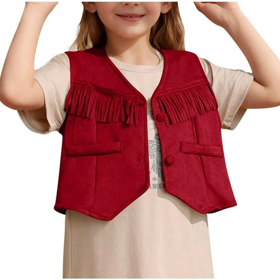 zbxnLI Girls Boho Vest Jacket Fringe Trim V Neck Open Front Crop Outerwear Trendy Cardigan Waistcoats
