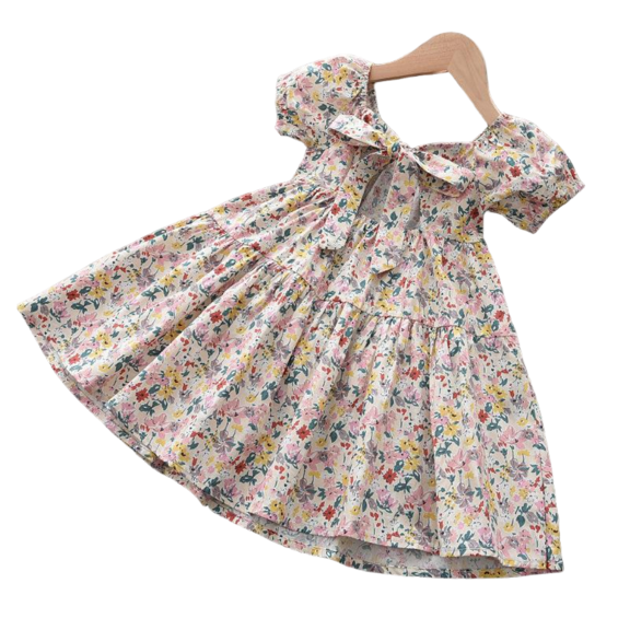 LYMAYTER Girls Short Sleeve Floral Dress for 1-7Y Kids Toddler Square Neck Puff Sleeve Backless Summer Casual Outfit