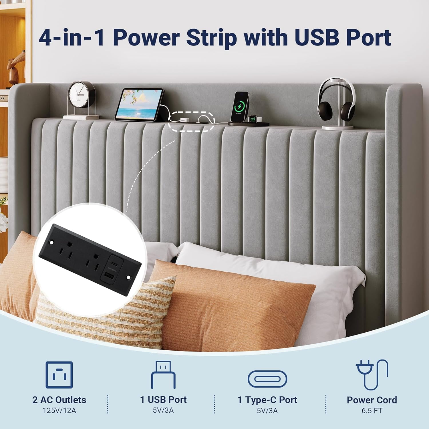 Allewie Full Size Lift Up Storage Bed Frame, Storage Shelf Headboard with Charging Station, Type-C and USB Ports, Hydraulic Support, Velvet Upholstered Bed Frame, No Box Spring Needed, Gray