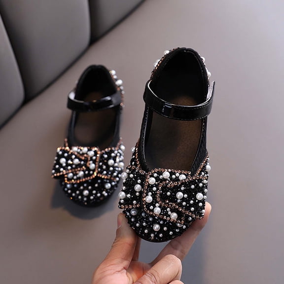 Girls Rhinestone Pearl Bow Mary Jane Flats, Sparkly Princess Dress Shoes Ballets Flats Black D 7