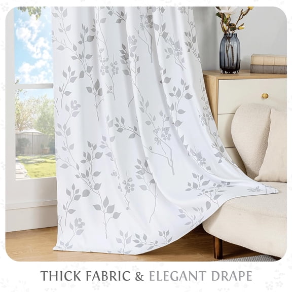 Floral 100% Blackout Curtains 72 Inches Long 2 Panels for Bedroom Living Room Grey White Flower Patterned Room Darkening Thermal Insulated Soundproof Grommet Window Treatments Drapes, 52X72