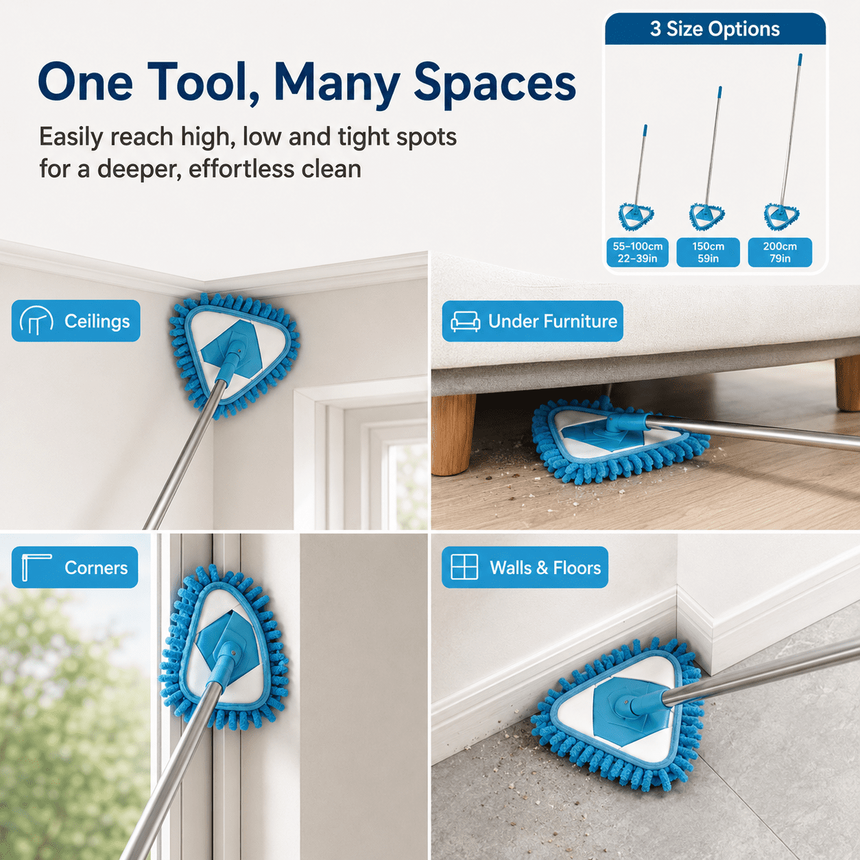 Wall Cleaner Mop with Long Handle 39 Inches, 3-in-1 Ceiling Cleaning Tool Duster with Replacement Microfiber Chenille Pads for Painted Walls, Baseboard, Window, Floor