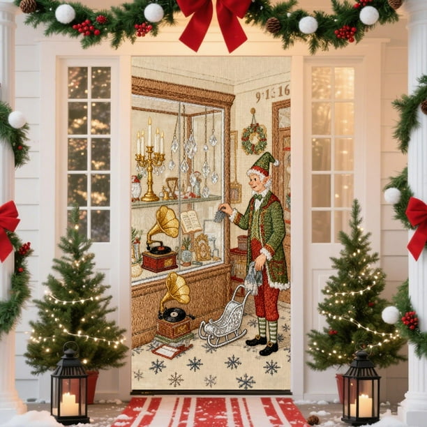 Cortina navideña para puerta | Cortina navideña con bordado estereoscópico para decoración de pared y mesa | Decoración festiva para el hogar y uso interior | Cortina de poliéster de 89 x 183 cm