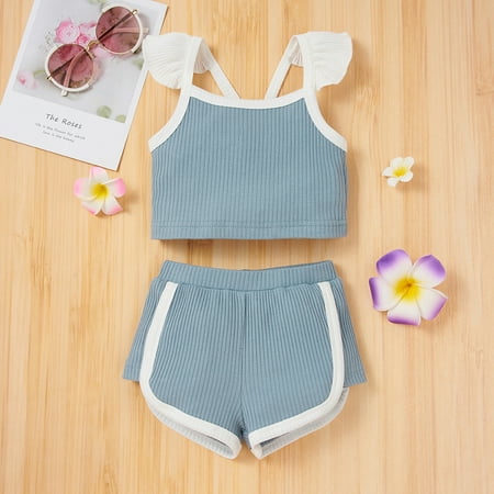 

AURIGATE Newborn Infant Baby Girls Summer Solid Ribbed Strap Tops+ Shorts Outfits Set Clearance