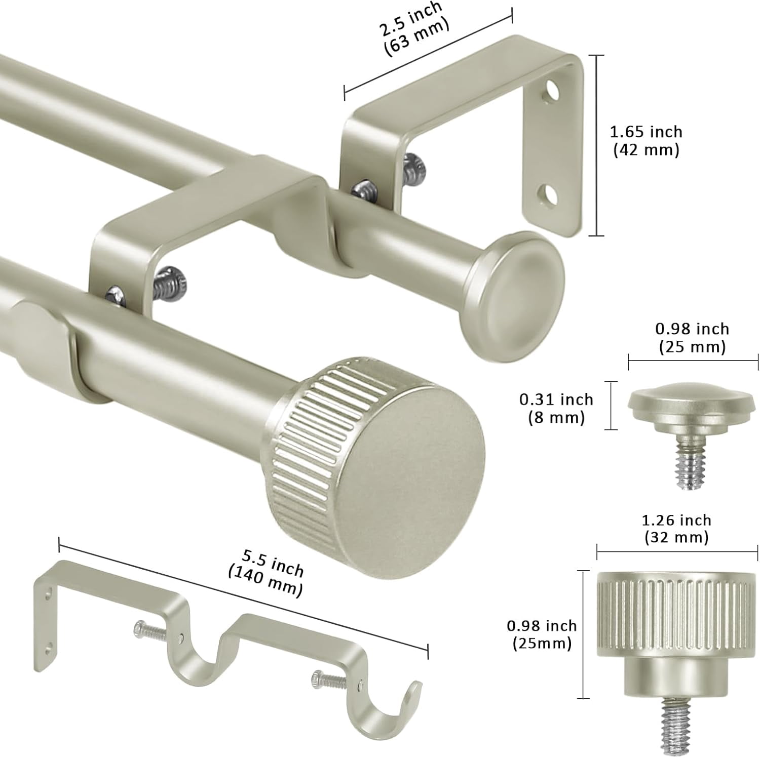 eTeckram 5/8" Double Curtain Rod with Bouton Finials,Pewter,48‘’-84‘’