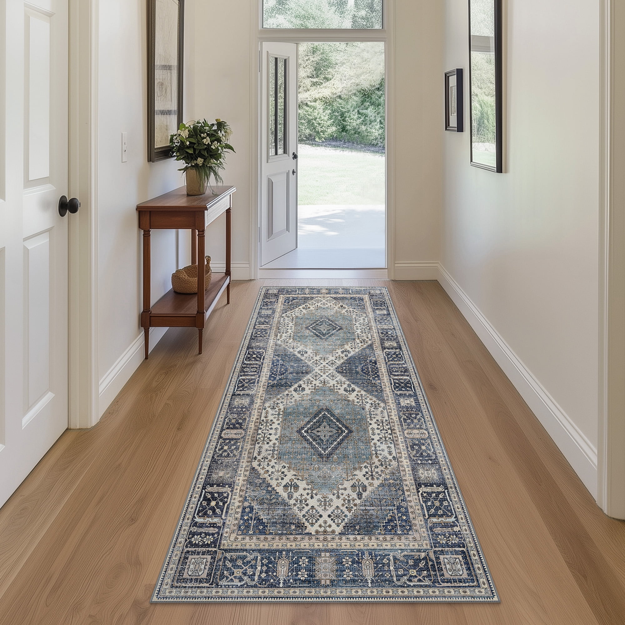 DEORAB Runner Rug 3X8 Non Slip Hallway Vintage Rugs, Machine Washable Lightweight Mat for Living Room, Entryway, Bedroom, Kitchen and Passage, Ultra-Thin, Blue