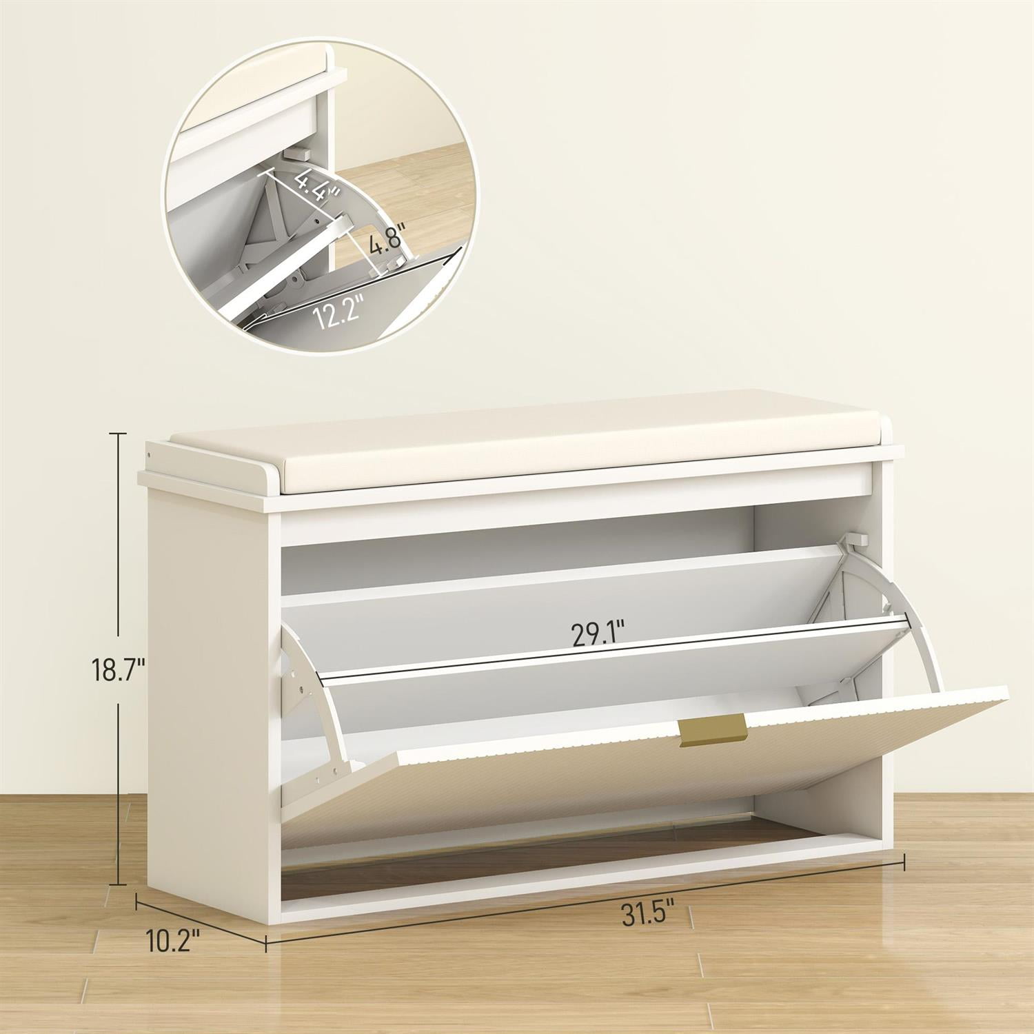 Demi Bonn 31" Shoe Storage Bench with Padded Seat & Flip-Drawer, Entryway Organizer for Home & Office, Compact Design, White