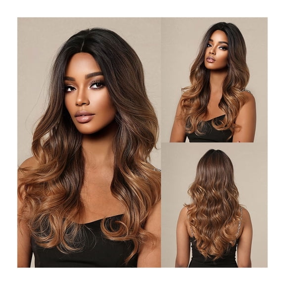 Ombre Blonde Brown Synthetic Wig Long Curly Wave Wigs for Women Natural Daily Cosplay Middle Part Hair Heat Resistant Fiber