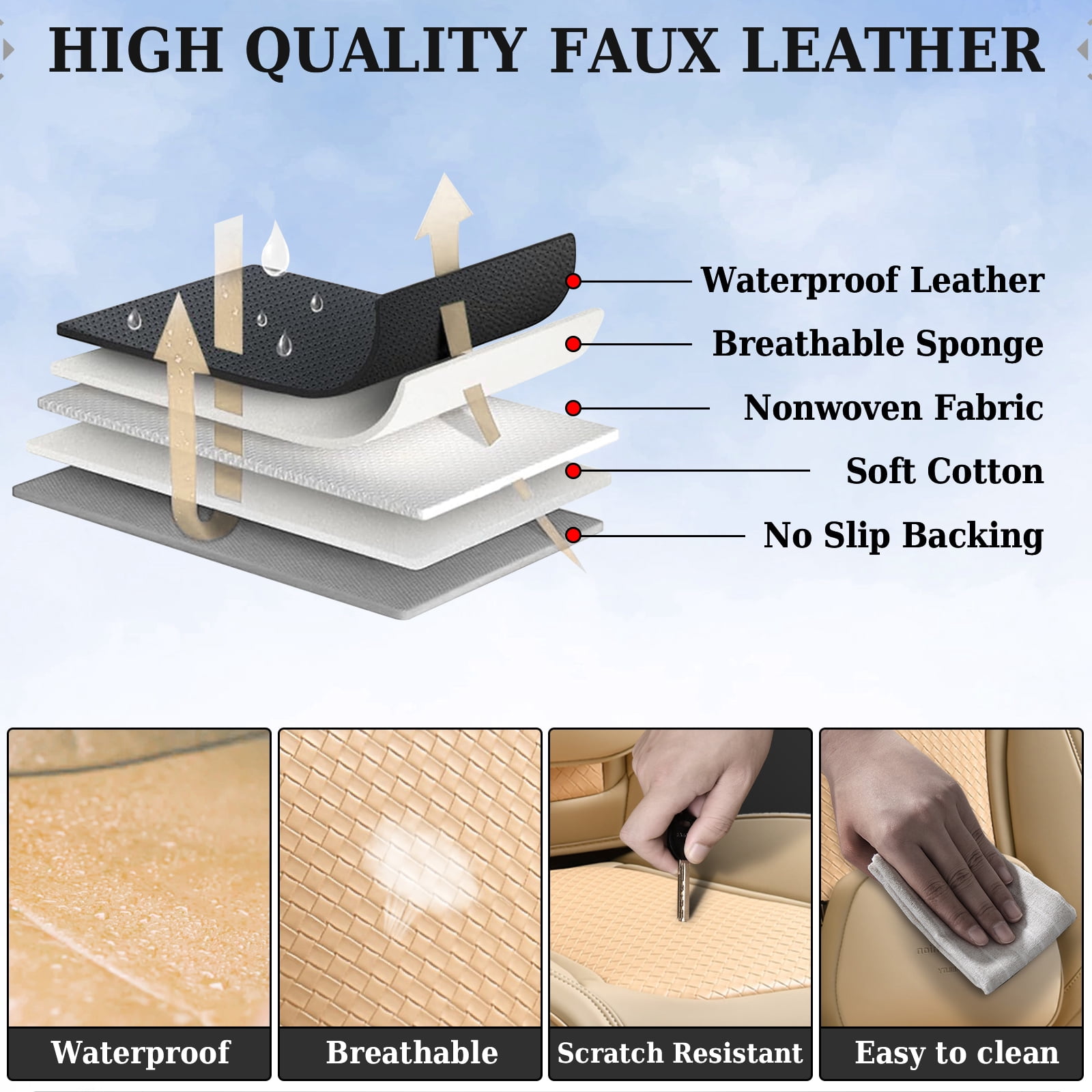 Coverado Car Seat Covers Full Set, Waterproof High-grade Leather Seat Protectors with Lumbar Support, Auto Cushions Universal Fit for Most Cars SUV Trucks, Beige