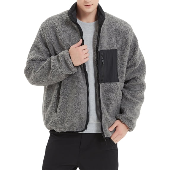 hirigin Men Lamb Fleece Jacket Contrast Color Casual Loose Warm Long Sleeve Zip Up Jacket for Outwear Streetwear