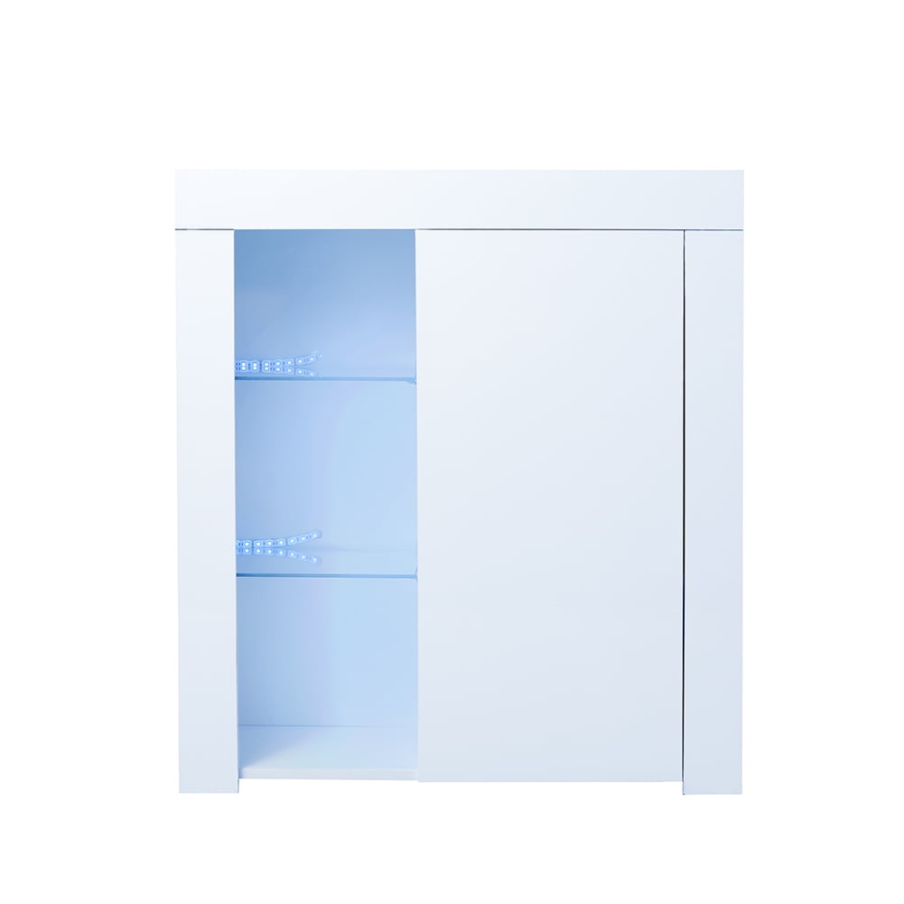 Keooman Modern Sideboard with Blue LED Light, Wooden Kitchen Buffet Bar Storage Cabinet with Shelves & Door for Dining Room Hallway, White