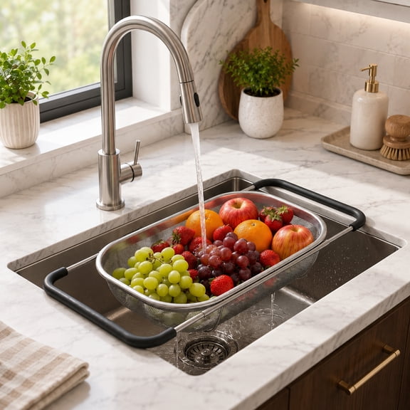 6 Quarts Fine Mesh Stainless Steel Colander, over the Sink Colander, stainless steel colander strainer with Expandable Rubber Grip Handle