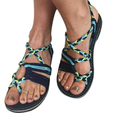 

Bohemian Sandals Gladiator Sandals Female Flat Sandals Style Tied Sandals Shoes Beach Ladies Shoes Blue 40