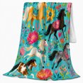 thumbnail image 2 of Playful Galloping Horses Run Across Floral Teal Background, Rustic Farmhouse Horse Scene, Warm Flannel Blanket for Ranch House and Living Room, Horse Lovers Housewarming Gift, Rustic Home Decor, 2 of 9