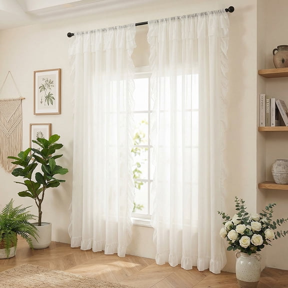 XmhyTop-A 2-Pack Sheer Ruffle Window Curtain Panels, 140x220cm Farmhouse Cottage Curtains, Flowy Ruffled Bedroom Curtains, Semi-Sheer Panels,White