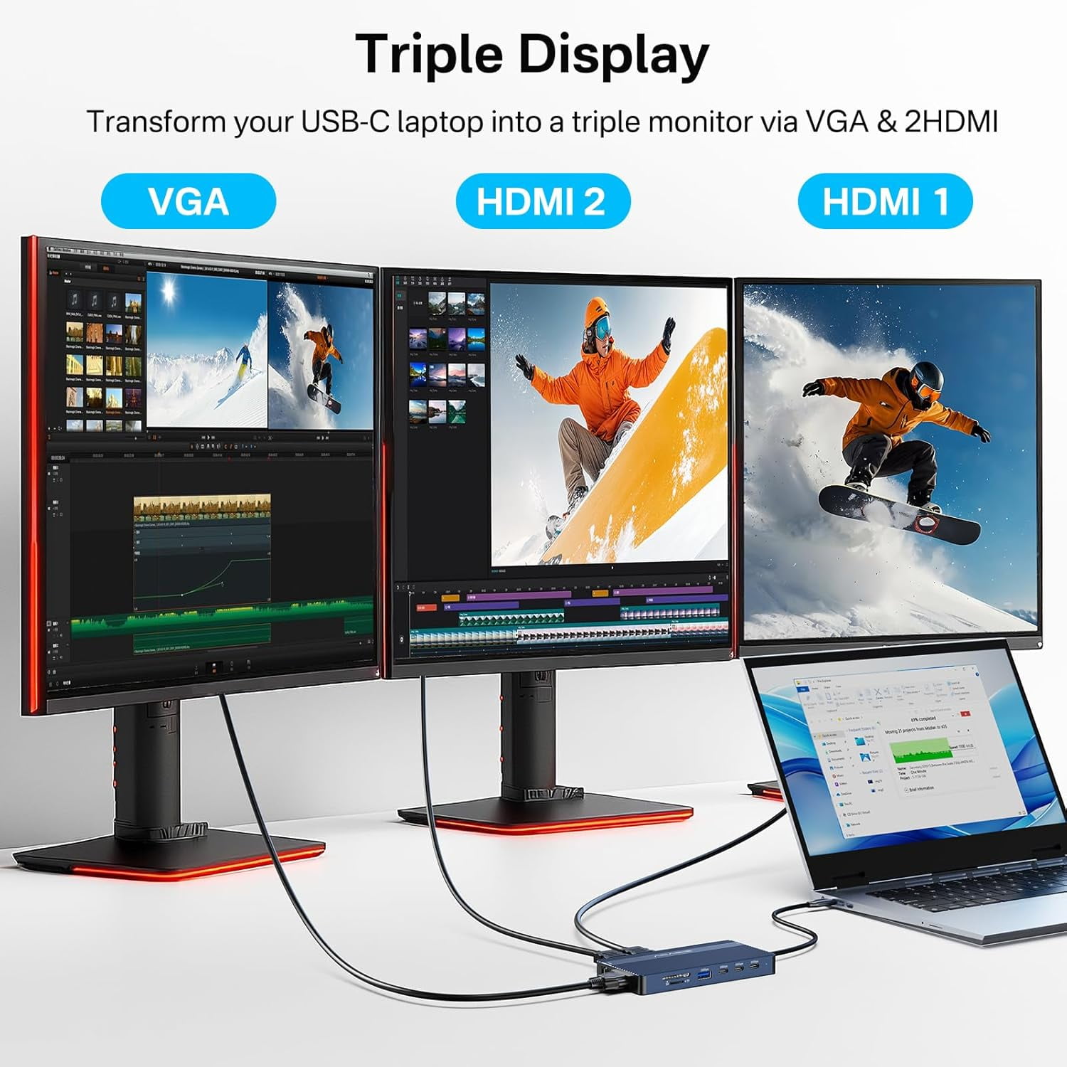 ACASIS 16-in-1 USB-C Triple Monitor Docking Station with Dual HDMI 4K@60Hz, VGA, 100W PD Charging, 10Gbps USB Ports, Gigabit Ethernet, for Windows/Mac/Laptop