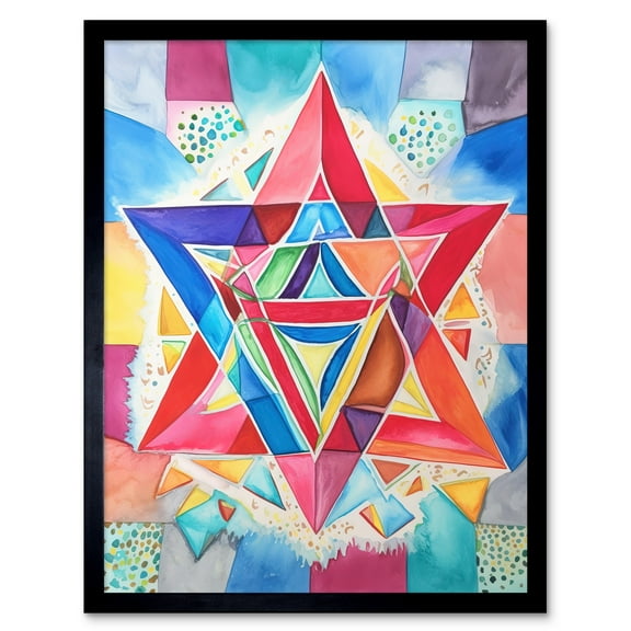 Jewish Star Of David Bright Multicoloured Folk Art Watercolour Painting Art Print Framed Poster Wall Decor 12x16 inch