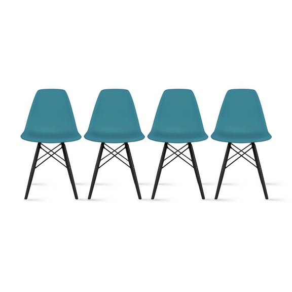 2xhome - Set of 4 Blue - Plastic Side Black Dark Wood Legs Eiffel Dining Room Chair - Lounge Chair No Arm Armless Less Chairs Seats Molded Plastic