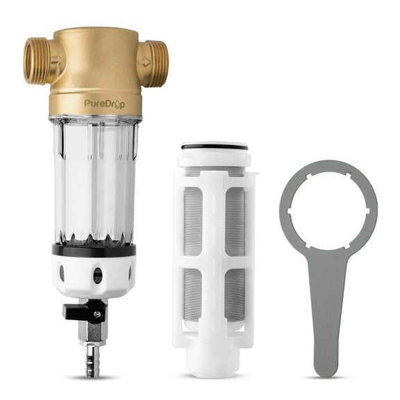 PureDrop PDR-100WSP Spin Down Sediment Filter, Reusable Whole House Sediment Water Filter for Well Water, 100-Micron Flushable Prefilter Filtration System with Scraper, 1" MNPT   3/4" FNPT