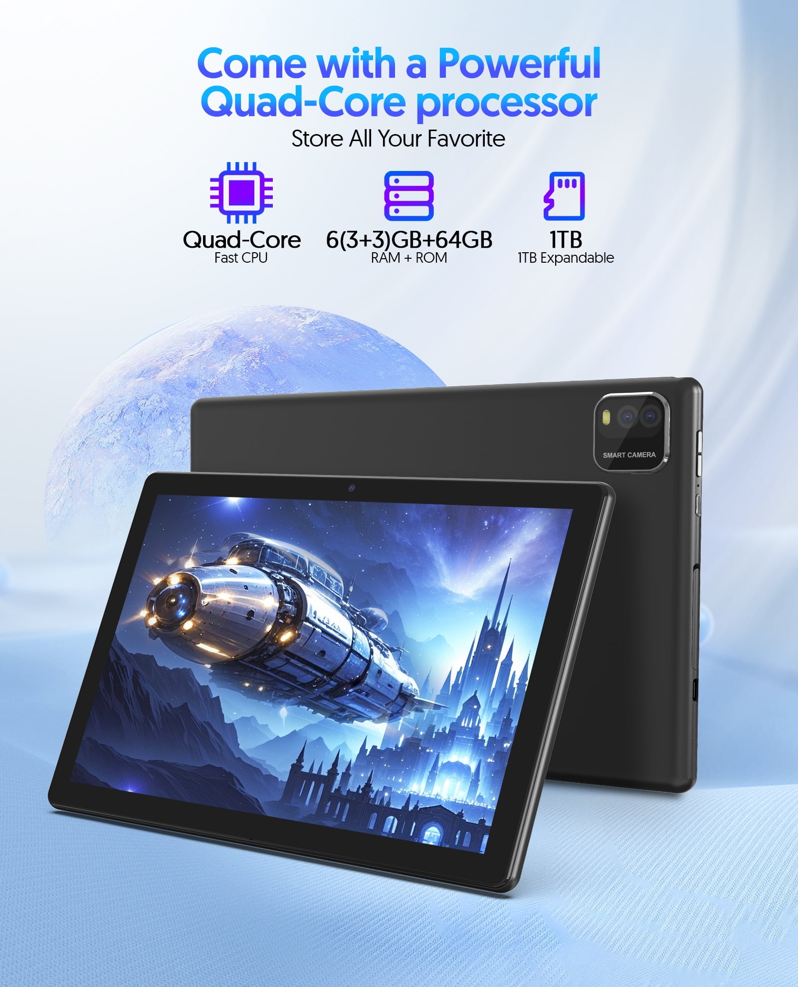 FITIFUN 10.1 inch Android 14 Tablets with Keyboard, 6GB RAM 64GB ROM 1TB Expanded, Quad Core, 6000mAh,5G/2.4G WiFi, HD Display,Black